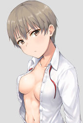 Rule 34 | 1girl, androgynous, blush, breasts, brown eyes, brown hair, collarbone, dress shirt, expressionless, grey background, hashi, head tilt, long sleeves, looking at viewer, navel, neck ribbon, no bra, open clothes, open shirt, original, parted lips, red neckwear, shirt, short hair, simple background, small breasts, solo, stomach, unbuttoned, unbuttoned shirt, undone neck ribbon, upper body, white shirt