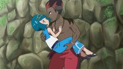 Rule 34 | 10s, 1boy, 1girl, abs, bare shoulders, blunt bangs, child, collarbone, creatures (company), dark skin, eye contact, game freak, hairband, held up, holding, jewelry, kiawe (pokemon), kijouyu, lana (pokemon), looking at another, muscular, necklace, nintendo, npc trainer, open mouth, plant, pokemon, pokemon sm, rock, standing, trial captain