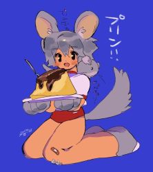 Rule 34 | 1girl, animal ears, black eyes, blue background, blush, food, grey hair, mouse ears, mouse girl, mouse on shoulder, open mouth, original, plate, pudding, red shorts, shirt, short hair, short sleeves, shorts, simple background, smile, solo, soreeyu (sore-yu), tail, white shirt