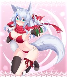 Rule 34 | 1girl, animal ear fluff, animal ears, bikini, black footwear, black gloves, black socks, blush, boots, bow, box, breasts, cleavage, closed mouth, elbow gloves, fingerless gloves, fox ears, fox tail, front-tie top, full body, fur-trimmed boots, fur-trimmed gloves, fur trim, gift, gift box, gloves, green eyes, hair between eyes, hair bow, hair ornament, hairclip, halterneck, highres, holding, holding gift, holding sack, knee boots, kneehighs, long hair, looking at viewer, medium breasts, navel, nose blush, one side up, original, pink background, red bikini, red bow, sack, side-tie bikini bottom, silver hair, single kneehigh, single sock, single thighhigh, snowflake background, socks, solo, star (symbol), star hair ornament, string bikini, surume aburi, swimsuit, tail, thighhighs, thighhighs under boots, twitter username, very long hair, wavy mouth