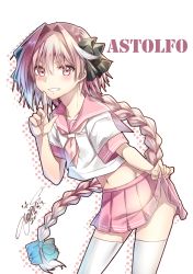Rule 34 | 1boy, artist name, astolfo (fate), astolfo (sailor paladin) (fate), bad id, bad pixiv id, blush, bow, braid, character name, clothes lift, contrapposto, cowboy shot, crop top, dated, english text, fate/apocrypha, fate/grand order, fate (series), finger to mouth, gradient hair, grin, groin, hair bow, hair intakes, highres, leaning forward, lifted by self, long hair, looking at viewer, male focus, midriff, multicolored hair, navel, neckerchief, official alternate costume, pink eyes, pink hair, pink neckerchief, pink skirt, pleated skirt, polka dot, school uniform, serafuku, shirt, short sleeves, signature, silhouette, single braid, skirt, skirt lift, smile, solo, standing, thighhighs, trap, two-tone hair, very long hair, white hair, white thighhighs, yuihira asu