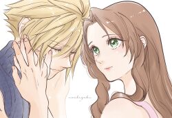Rule 34 | 1boy, 1girl, aerith gainsborough, artist name, bare shoulders, blonde hair, blue shirt, brown hair, closed eyes, cloud strife, couple, crying, dress, final fantasy, final fantasy vii, final fantasy vii rebirth, final fantasy vii remake, green eyes, hair between eyes, hand on another&#039;s cheek, hand on another&#039;s face, hetero, highres, holding hands, light smile, long hair, omochi daisuki, parted bangs, pink dress, shirt, short hair, sidelocks, sleeveless, sleeveless turtleneck, spiked hair, tears, turtleneck, upper body, wavy hair, white background