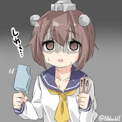Rule 34 | 10s, 1girl, bad id, bad twitter id, brown eyes, brown hair, collarbone, dress, ebifurya, eyebrows, food, gradient background, highres, holding, inactive account, kantai collection, long sleeves, looking at viewer, motion lines, multicolored background, neckerchief, open mouth, popsicle, sailor dress, shaded face, short hair, solo, sweat, translation request, twitter username, two-tone background, upper body, yukikaze (kancolle)