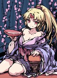 Rule 34 | 1girl, blue kimono, breasts, cleavage, closed mouth, cup, holding, holding cup, horns, hoshiguma yuugi, hoshiguma yuugi (kimono), isu (is88), japanese clothes, kimono, long hair, looking at viewer, official alternate costume, oni horns, ponytail, red eyes, red horns, sakazuki, single horn, sitting, smile, solo, star (symbol), star print, touhou