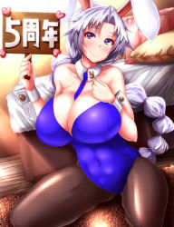 Rule 34 | 1girl, alternate costume, animal ears, bare shoulders, between breasts, black necktie, blue eyes, blush, braid, breasts, cleavage, closed mouth, covered navel, detached collar, fake animal ears, fishnet pantyhose, fishnets, hair intakes, highres, holding, holding sign, huge breasts, kneeling, leotard, long hair, necktie, necktie between breasts, pantyhose, playboy bunny, rabbit ears, sign, silver hair, single braid, smile, solo, touhou, translation request, very long hair, wrist cuffs, yagokoro eirin, zan (harukahime)