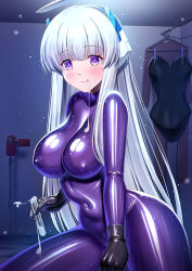 Rule 34 | 1girl, blue archive, blush, bodystocking, bodysuit, breasts, grey hair, halo, iro ame (amewaagada), large breasts, latex, latex bodysuit, leotard, long hair, looking at viewer, mechanical halo, noa (blue archive), purple bodysuit, purple eyes, smile, solo, sparkle, suggestive fluid, white hair