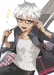 Rule 34 | 1boy, archer (fate), archer (summer casual) (fate), brown eyes, covered abs, dark-skinned male, dark skin, fate/grand order, fate (series), glasses, highres, jacket, looking at viewer, male focus, muscular, muscular male, official alternate costume, open clothes, pants, shirt, short hair, smile, solo, syusyaku, tank top, toned, toned male, white hair, white tank top