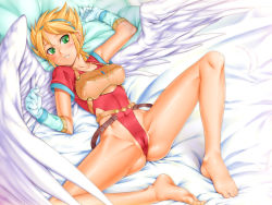 Rule 34 | 1girl, angel wings, barefoot, blonde hair, breath of fire, breath of fire i, cameltoe, come hither, feet, gloves, green eyes, groin, hairband, legs, leotard, lying, mole, mt1, nina (breath of fire i), on back, pussy, red leotard, short hair, spread legs, white wings, wings