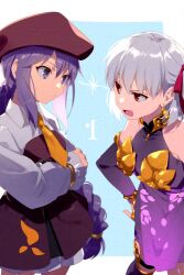 Rule 34 | 2girls, aged down, armlet, armor, atlas academy school uniform, bare shoulders, beret, bikini armor, blush, bracelet, braid, braided ponytail, breasts, collar, detached sleeves, dress, earrings, echo (circa), fate/grand order, fate (series), floral print, full body, hair ribbon, hat, jewelry, kama (fate), kama (first ascension) (fate), long hair, long sleeves, looking at another, melty blood, metal collar, miniskirt, multiple girls, open mouth, pelvic curtain, ponytail, purple dress, purple eyes, purple hair, purple headwear, purple skirt, purple sleeves, purple thighhighs, red eyes, ribbon, ring, school uniform, short hair, sion eltnam atlasia, sion eltnam sokaris, skirt, small breasts, thighhighs, thighlet, thighs, tsukihime, white hair