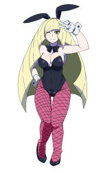 Rule 34 | 1girl, ;), animal ears, blonde hair, blush, breasts, cameltoe, cleavage, creatures (company), fake animal ears, fishnet pantyhose, fishnets, full body, game freak, gloves, green eyes, hair over one eye, highres, large breasts, leotard, long hair, looking at viewer, lusamine (pokemon), mantan, mature female, nintendo, one eye closed, pantyhose, playboy bunny, pokemon, pokemon sm, rabbit ears, sideboob, simple background, smile, solo, white background