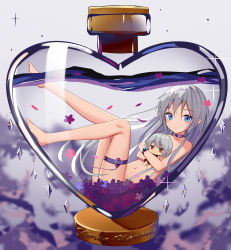 Rule 34 | 1girl, absurdres, blue eyes, bottle, choker, closed mouth, crystal, doll, egg vibrator, flower, grey hair, highres, holding, holding doll, in bottle, in container, light smile, long hair, looking at viewer, nude, nuolin (amaki-aria), nuoxi (amaki-aria), hugging object, original, perfume bottle, sakutaishi, sex toy, solo, straight hair, submerged, thigh strap, vibrator, wristband