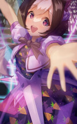 Rule 34 | 1girl, absurdres, animal ears, blurry, bow, brown hair, carrot print, cowboy shot, depth of field, dress, ear bow, food print, foreshortening, highres, horse ears, horse girl, idol clothes, jacket, multicolored hair, open mouth, outstretched arms, purple dress, purple eyes, short hair, smile, solo, special week (umamusume), taka (illustratortaka), teeth, two-tone hair, umamusume, upper teeth only, white hair, white jacket