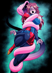 Rule 34 | 1girl, ;o, android 21, arm warmers, between breasts, black legwear, blush, breasts squeezed together, breasts, breasts apart, cell (dragon ball), coiled, covered navel, defeat, dragon ball, dragon ball fighterz, dragonball z, dress, covered erect nipples, full body, glasses, hamon ai, high heels, large breasts, long hair, looking at viewer, nail polish, one eye closed, open mouth, saliva, saliva trail, sleeveless, sleeveless dress, tears, vore