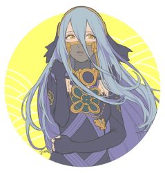 Rule 34 | 1girl, anklet, azura (fire emblem), blue hair, fingerless gloves, fire emblem, fire emblem fates, fire emblem heroes, gloves, jewelry, jivke, long hair, looking at viewer, mouth veil, nintendo, solo, veil, yellow eyes