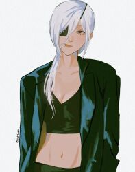 Rule 34 | 1girl, black jacket, black pants, chainsaw man, cigarette, crop top, eyepatch, hair between eyes, hair over shoulder, highres, jacket, long hair, looking at viewer, midriff, pants, quanxi (chainsaw man), simple background, solo, sudstance, twitter username, white background, white hair
