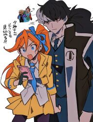 Rule 34 | 1girl, 3boys, ace attorney, apollo justice, athena cykes, black eyes, black hair, black jacket, black necktie, black pantyhose, blue bow, blue eyes, blue necktie, bow, brown eyes, brown hair, cellphone, collared shirt, crescent, crescent earrings, cropped jacket, earrings, grgrton, hair between eyes, hair bow, highres, holding, holding phone, jacket, jewelry, klavier gavin, long hair, long sleeves, multicolored hair, multiple boys, necktie, open mouth, orange hair, pantyhose, phone, shirt, side ponytail, simon blackquill, single earring, skirt, smartphone, sweatdrop, translation request, two-tone hair, very long hair, white hair, white shirt, yellow jacket, yellow skirt