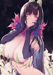 Rule 34 | 1girl, ane naru mono, bare shoulders, black gloves, black hair, blush, breasts, chiyo (ane naru mono), collarbone, commentary, commentary request, drooling, elbow gloves, flower, gloves, hands on own face, heart, heart-shaped pupils, highres, horns, large breasts, logo, long hair, looking at viewer, mole, mole under eye, parted lips, pink eyes, pochi (pochi-goya), solo, symbol-shaped pupils, yandere trance