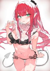 Rule 34 | 1girl, absurdres, black panties, blush, breasts, clothes lift, eyelashes, frills, highres, horns, kitagawa marin, lifting own clothes, long hair, looking at viewer, medium breasts, panties, pointy ears, pomesaurus, red hair, rizu-kyun, see-through, sidelocks, simple background, sketch, sleeveless, solo, sono bisque doll wa koi wo suru, tail, twintails, underwear, very long hair