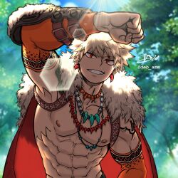 Rule 34 | 1boy, abs, arm tattoo, armpits, bakugou katsuki, blonde hair, boku no hero academia, cape, debby-san, ear piercing, elbow sleeve, forest, fur-trimmed cape, fur trim, highres, jewelry, looking at viewer, male focus, nature, navel, necklace, nipples, official alternate costume, pants, pectorals, piercing, red eyes, short hair, solo, spiked hair, sunlight, tattoo, topless male