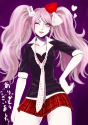 Rule 34 | 1girl, black bra, blue eyes, bow, bra, breasts, cleavage, collarbone, commentary request, cosplay, cowboy shot, danganronpa: trigger happy havoc, danganronpa (series), enoshima junko, enoshima junko (cosplay), freckles, hair bow, hair ornament, hand on own hip, ikusaba mukuro, legs apart, long hair, looking at viewer, medium breasts, miniskirt, necktie, one eye closed, pale skin, plaid, plaid necktie, plaid neckwear, plaid skirt, pleated skirt, purple background, rabbit hair ornament, red bow, red skirt, school uniform, shirt, skirt, sleeves rolled up, smile, solo, somei (somei 446), translation request, twintails, underwear, white bow, white necktie