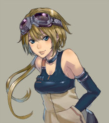 Rule 34 | 1girl, blonde hair, blue eyes, breasts, cleavage, female focus, goggles, goggles on head, hands in pockets, long hair, medium breasts, original, ponytail, simple background, smile, solo, tanuki koubou