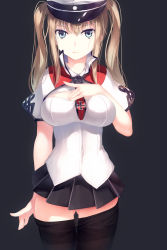 Rule 34 | 10s, 1girl, ass, black background, black pantyhose, blonde hair, blue eyes, breasts, capelet, cross, graf zeppelin (kancolle), hair between eyes, hat, highres, impossible clothes, jacket, kantai collection, large breasts, long hair, looking at viewer, miniskirt, necktie, no gloves, pantyhose, peaked cap, qiongsheng, sidelocks, simple background, skirt, solo, tsurime, twintails, uniform