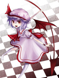 Rule 34 | 1girl, ascot, bad feet, bat wings, bent over, checkered background, dress, fang, flying, hako momiji, hat, kneehighs, light purple hair, looking at viewer, mob cap, open mouth, polearm, red eyes, remilia scarlet, short hair, socks, solo, spear, touhou, weapon, wings, wrist cuffs