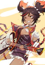 Rule 34 | 1girl, absurdres, black hair, black nails, breasts, dark-skinned female, dark skin, genshin impact, grin, highres, holding, holding instrument, honlo, instrument, jewelry, lute (instrument), medium breasts, multicolored hair, multiple rings, music, nail polish, one eye closed, orange hair, playing instrument, red hair, ring, short twintails, shorts, shoulder spikes, simple background, smile, solo, spikes, streaked hair, twintails, two-tone background, white shorts, xinyan (genshin impact), yellow eyes