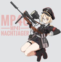 Rule 34 | 1girl, armband, blonde hair, character name, commentary request, cross, explosive, girls&#039; frontline, glasses, gloves, grenade, gun, hand grenade, hat, highres, infrared, iron cross, korean commentary, light, military, military hat, military uniform, mp40 (girls&#039; frontline), mp41, night-vision device, peaked cap, round eyewear, scope, searchlight, short hair, simple background, skull, solo, submachine gun, suppressor, tactical light, thermal weapon sight, trigger discipline, uniform, wani (perfect han), weapon, yellow eyes, zg 1229 vampir