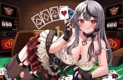 Rule 34 | 1girl, :q, ace (playing card), ace of hearts, belt, between breasts, between fingers, black belt, black collar, black gloves, black hair, blush, breasts, brick wall, camisole, card, collar, fingerless gloves, frilled camisole, frills, gloves, grey hair, hair ornament, hairclip, hand up, heart, heart pendant, highres, holding, holding card, hololive, ibuki sho, large breasts, licking lips, looking at viewer, lying, multicolored hair, nail polish, neon lights, o-ring, on side, plaid, plaid skirt, playing card, poker chip, poker table, red eyes, red nails, red skirt, sakamata chloe, skirt, slot machine, solo, spaghetti strap, strap slip, streaked hair, studded belt, table, thighhighs, tongue, tongue out, torn clothes, torn thighhighs, virtual youtuber, white camisole, x hair ornament, zettai ryouiki