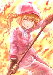 Rule 34 | 10s, 1girl, baseball cap, blonde hair, blood, blood on face, brown gloves, eosinophil (hataraku saibou), fur trim, gloves, hat, hataraku saibou, holding, holding polearm, holding weapon, jacket, looking at viewer, mg42cat-k1ng, open mouth, pants, pink hat, pink pants, polearm, simple background, solo, standing, twintails, weapon, yellow eyes