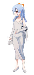 Rule 34 | 1girl, aningay, artist self-insert, bare shoulders, blue hair, blush, breasts, character request, closed mouth, collarbone, commentary request, cropped jacket, dongtan dress, dress, full body, grey dress, grey footwear, grey jacket, highres, holding, indie virtual youtuber, jacket, korean commentary, long hair, long sleeves, meme attire, off shoulder, open clothes, open jacket, red eyes, shoes, short eyebrows, simple background, sleeves past wrists, small breasts, solo, thick eyebrows, virtual youtuber, white background