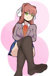 Rule 34 | 1girl, arms under breasts, ass, black socks, blazer, blue skirt, bow, breast hold, breasts, brown hair, circle, collared shirt, commentary, crossed legs, doki doki literature club, dot nose, feet, foot focus, foot out of frame, full body, green eyes, hair bow, halftone, halftone background, invisible chair, jacket, lapels, long hair, long sleeves, looking at viewer, medium breasts, monika (doki doki literature club), neck ribbon, no shoes, over-kneehighs, pink background, pleated skirt, ponytail, red ribbon, ribbon, school uniform, shirt, sitting, skirt, smirk, smug, socks, softhanten, soles, solo, swept bangs, thighhighs, toes, two-tone background, white background, white bow