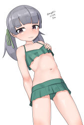 Rule 34 | 1girl, absurdres, bikini, bikini skirt, blunt bangs, cosplay, dated, feet out of frame, flat chest, green bikini, grey hair, highres, kantai collection, kasumi (kancolle), kasumi (kancolle) (cosplay), long hair, maru (marg0613), navel, one-hour drawing challenge, ooshio (kancolle), purple eyes, simple background, solo, swimsuit, twintails, twitter username, white background