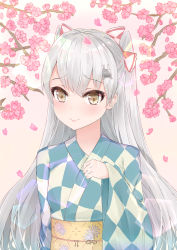 Rule 34 | 1girl, absurdres, alternate costume, amatsukaze (kancolle), bad id, bad pixiv id, cameo, cherry blossoms, commentary request, hair ornament, hair ribbon, hairclip, highres, japanese clothes, jewelry, kantai collection, kimono, long hair, looking at viewer, obi, petals, rensouhou-kun, ribbon, ring, sash, sherryqq, grey eyes, silver hair, smile, solo, two side up, wedding band