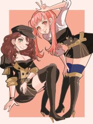 Rule 34 | 2girls, :p, black thighhighs, boots, breasts, brown hair, chimney (chimney0311), cleavage, dorothea arnault, earrings, female focus, fire emblem, fire emblem: three houses, green eyes, hat, high heel boots, high heels, highres, hilda valentine goneril, jacket, jewelry, large breasts, long hair, long sleeves, matching hair/eyes, multiple girls, nintendo, one eye closed, pink eyes, pink hair, sitting, skirt, thigh boots, thighhighs, tongue, tongue out, twintails, uniform, wink