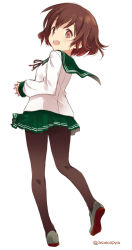 Rule 34 | 1girl, asoka, brown hair, from behind, full body, gradient hair, green sailor collar, green skirt, kantai collection, long sleeves, looking at viewer, looking back, multicolored hair, mutsuki (kancolle), open mouth, pantyhose, red eyes, sailor collar, school uniform, serafuku, short hair, simple background, skirt, smile, solo, twitter username, white background