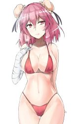 Rule 34 | 1girl, arm behind back, bandaged arm, bandages, bare arms, bare shoulders, bikini, black ribbon, blush, breasts, bun cover, cameltoe, collarbone, commentary request, cowboy shot, double bun, gluteal fold, groin, hair between eyes, hair bun, hand up, head tilt, highres, ibaraki kasen, large breasts, lips, looking at viewer, navel, one-hour drawing challenge, pink eyes, pink hair, pink lips, red bikini, ribbon, shiny skin, short hair, simple background, solo, standing, stomach, swimsuit, thighs, touhou, white background, y2