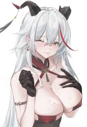 Rule 34 | 1girl, absurdres, aegir (azur lane), aegir (golden dragon among auspicious clouds) (azur lane), azur lane, black gloves, black horns, breasts, cleavage, closed mouth, cum, cum on body, cum on breasts, cum on hair, cum on upper body, earrings, facial, gloves, hair between eyes, hand on own chest, highres, horns, jewelry, kongbai (sandpc), large breasts, long hair, looking at viewer, multicolored hair, official alternate costume, one eye closed, red hair, simple background, solo, streaked hair, upper body, white background, white hair, yellow eyes