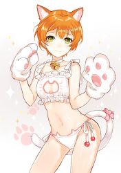 Rule 34 | 10s, 1girl, animal ears, animal hands, apring, bad id, bad pixiv id, bell, blush, bra, breasts, cat ears, cat lingerie, cat tail, cleavage cutout, clothing cutout, gloves, hoshizora rin, jingle bell, looking at viewer, love live!, love live! school idol project, meme attire, navel, orange hair, panties, paw gloves, short hair, side-tie panties, small breasts, smile, solo, standing, tail, underwear, yellow eyes