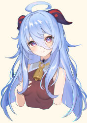 Rule 34 | 1girl, absurdres, adapted costume, ahoge, alternate hairstyle, bare shoulders, bell, blue hair, blush, bodystocking, breasts, ganyu (genshin impact), genshin impact, goat horns, hair between eyes, hair down, hand on own chest, highres, horns, long hair, looking at viewer, mo (mo80 rr), neck bell, purple eyes, sidelocks, small breasts, smile, solo