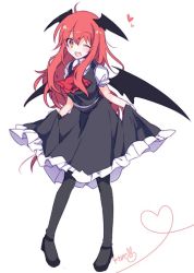 Rule 34 | 1girl, bad id, bad twitter id, black footwear, black pantyhose, black skirt, clothes lift, demon wings, fang, full body, head wings, heart, koakuma, lifted by self, long hair, looking at viewer, one eye closed, open mouth, pantyhose, puffy short sleeves, puffy sleeves, red eyes, red hair, shoes, short sleeves, signature, simple background, skirt, skirt lift, skirt set, smile, solo, standing, touhou, very long hair, vest, white background, wings, yukimiya (parupunta)