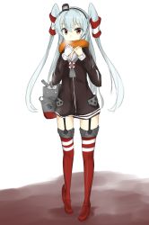 Rule 34 | 10s, 1girl, absurdres, amatsukaze (kancolle), brown eyes, dress, full body, garter straps, gloves, grey neckerchief, hair tubes, headgear, highres, kantai collection, lifebuoy, long hair, looking at viewer, neckerchief, pureko, pureko93, red thighhighs, rensouhou-kun, sailor dress, scarf, silver hair, single glove, smokestack, solo, striped clothes, striped thighhighs, swim ring, thighhighs, two side up, white gloves