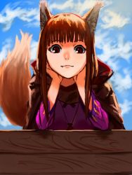 Rule 34 | 1girl, :3, animal ears, blue sky, blunt bangs, brown hair, cloak, cloud, cloudy sky, day, fang, fang out, head rest, highres, holo, looking at viewer, mlrudomiru, outdoors, pouch, red eyes, sky, smile, solo, spice and wolf, tail, wolf ears, wolf tail