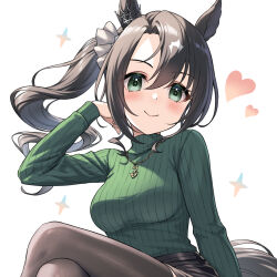 Rule 34 | 1girl, alternate costume, animal ears, black hair, black pantyhose, black skirt, blush, breasts, commentary request, crossed legs, ear ornament, green eyes, hair between eyes, hair ornament, heart, highres, horse ears, horse girl, horse tail, jewelry, long sleeves, looking at viewer, medium breasts, necklace, pantyhose, ponytail, ribbed sweater, satono crown (umamusume), simple background, skirt, smile, solo, sweater, tail, tomo (tmtm mf mf), turtleneck, turtleneck sweater, umamusume, upper body, white background