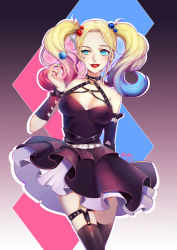 Rule 34 | 1girl, absurdres, animification, bad id, bad pixiv id, bare shoulders, batman (series), black skirt, black thighhighs, blonde hair, blue eyes, blue hair, blue nails, breasts, candy, cleavage, dc comics, detached sleeves, dress, food, gradient hair, hair bobbles, hair ornament, halterneck, harley quinn, heart, highres, large breasts, lipstick, lollipop, looking to the side, makeup, maorzshu, matching hair/eyes, miniskirt, multicolored hair, nail polish, parted lips, pink hair, pleated skirt, red lips, red nails, short dress, skirt, smile, solo, thigh strap, thighhighs, twintails