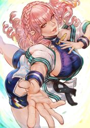 Rule 34 | 1girl, ass, blue eyes, breasts, extended arm, from above, highres, large breasts, lips, long hair, looking at viewer, magion02, manon legrand, pink hair, short sleeves, shorts, sideboob, street fighter, street fighter 6