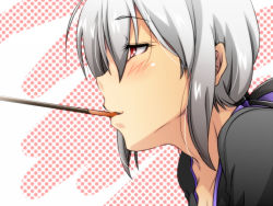 Rule 34 | 1girl, black shirt, blush, bow, close-up, commentary, commentary request, food, food in mouth, from side, hair bow, half-closed eyes, mouth hold, pocky, pocky kiss, polka dot, polka dot background, portrait, red eyes, shared food, shirt, shiruko jiru, silver hair, solo, striped, striped bow, vocaloid, yowane haku