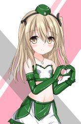 Rule 34 | 1girl, bare shoulders, black ribbon, blush, breasts, brown eyes, closed mouth, closers, crop top, cross, cross necklace, elbow gloves, frilled skirt, frills, garrison cap, girls und panzer, gloves, green gloves, green hat, green skirt, hair ribbon, hat, heart, heart hands, highres, jewelry, langley1000, light brown hair, long hair, looking at viewer, midriff, miniskirt, navel, necklace, one side up, race queen, ribbon, shimada arisu, skirt, small breasts, smile, solo, strapless, upper body