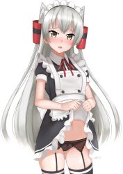 Rule 34 | 1girl, alternate costume, amatsukaze (kancolle), apron, black dress, blush, clothes lift, commentary request, dress, dress lift, enmaided, garter belt, garter straps, hair tubes, highres, kantai collection, long hair, looking at viewer, maid, maid apron, maid headdress, navel, neck ribbon, nose blush, puffy short sleeves, puffy sleeves, red ribbon, ribbon, short sleeves, silver hair, skindentation, solo, thighhighs, thighs, tiemu (man190), two side up, very long hair, yellow eyes